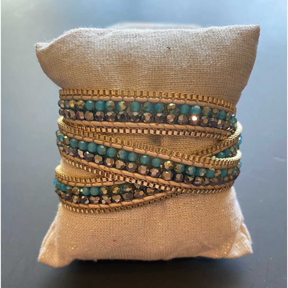 Teal and Gold beaded wrap bracelet with sparkling hematite